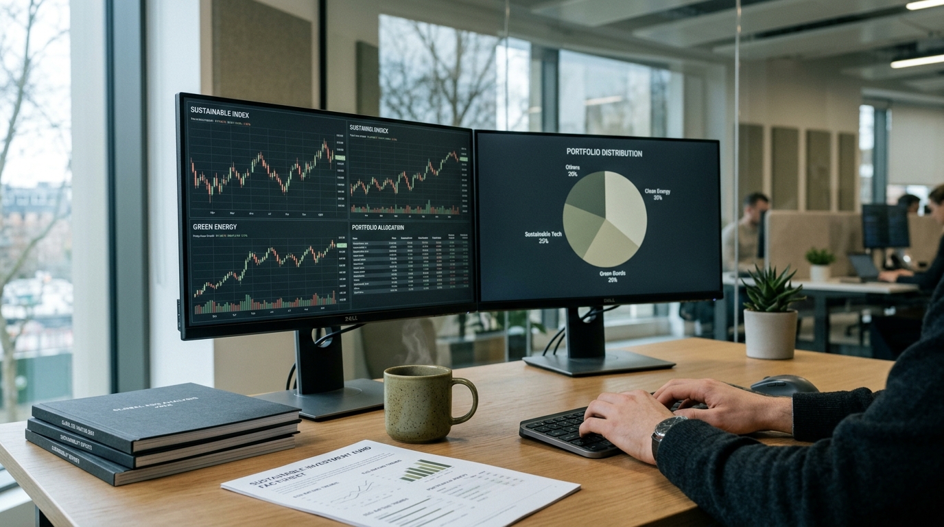 Finanzanalyst-Arbeitsplatz mit zwei Monitoren, gedruckten Fondsfactsheets und Portfolio-Charts – Vergleich passiv und aktiv