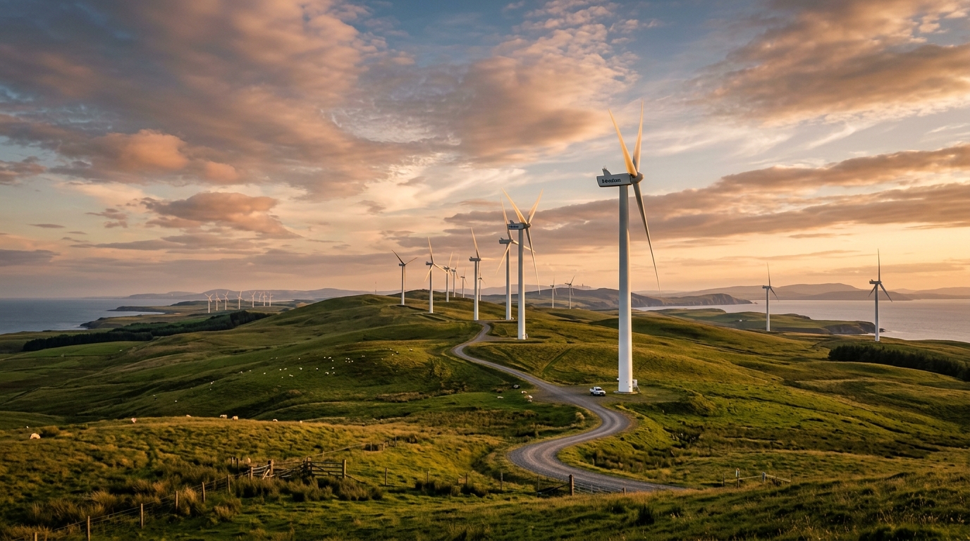Weiße Windkraftanlagen auf grünen Hügeln im Abendlicht – Symbolbild für nachhaltige Geldanlagen