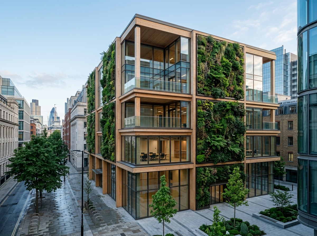 Modernes nachhaltiges Bürogebäude mit begrünter Fassade und Holz-Glas-Konstruktion