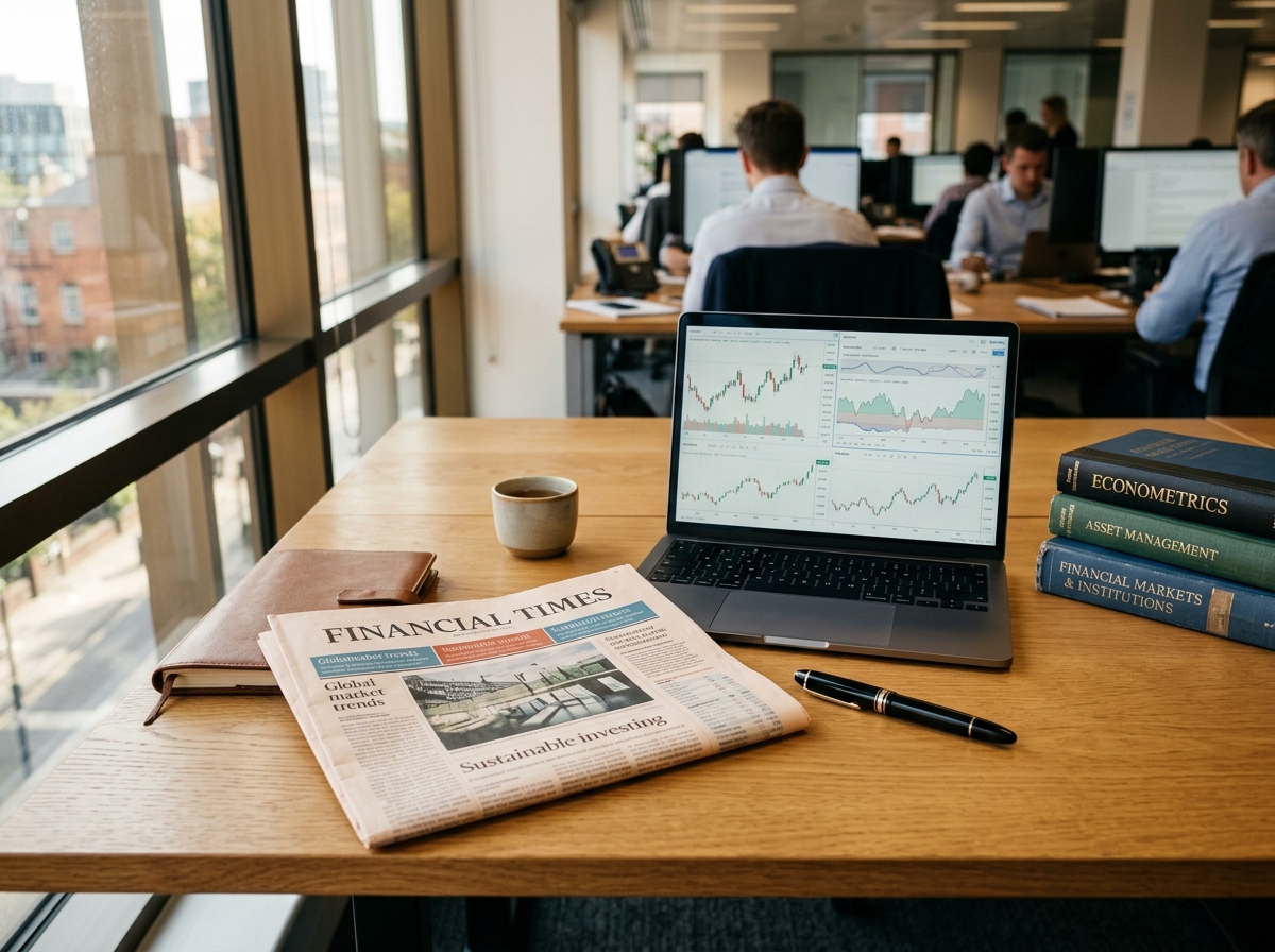 Redaktionsschreibtisch mit gedruckter Finanzzeitung, Laptop mit gedämpften Charts und Fachbüchern