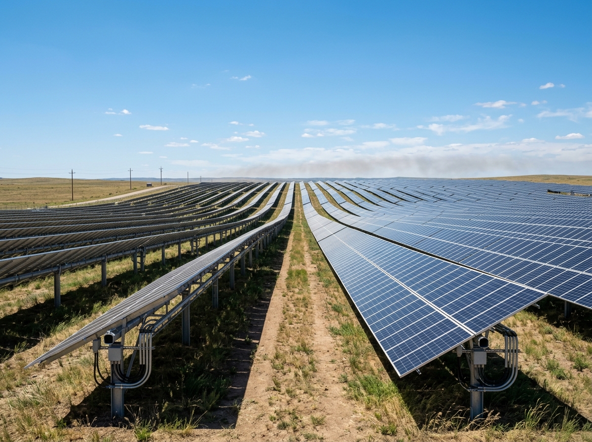 Großflächige Solaranlage mit dunklen Photovoltaikmodulen in Reihenanordnung unter klarem Himmel